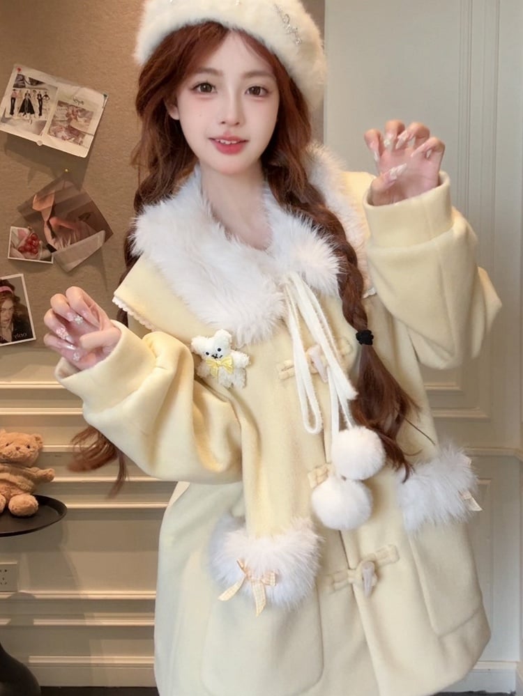 Trim Coat Fur Accents Faux Sweet Lolita and Winter with Pom-Pom Yellow