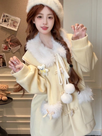 Trim Coat Fur Accents Faux Sweet Lolita and Winter with Pom-Pom Yellow