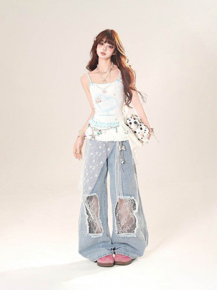 ハートプリントのフリルトリムキャミソールトップ ホワイト/ピンク