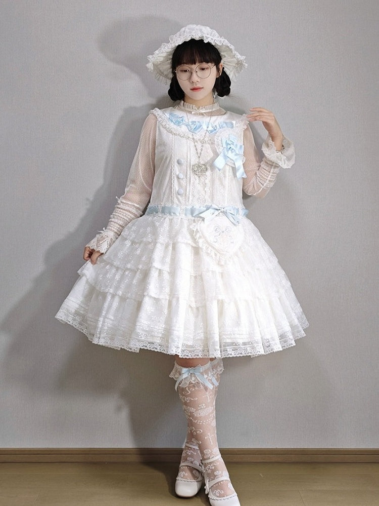 Classic Elegant White Lolita JSK Lace Gown with Heart Waist Pouch - Miss Cube Dressworks