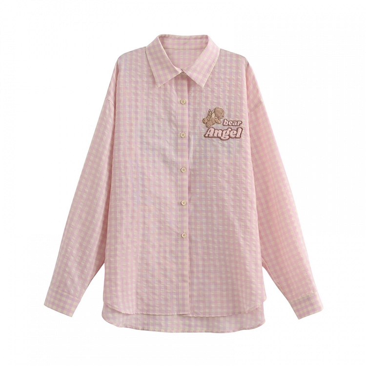 Pink Loose Plaid Shirt Adorable Bear Embroidery