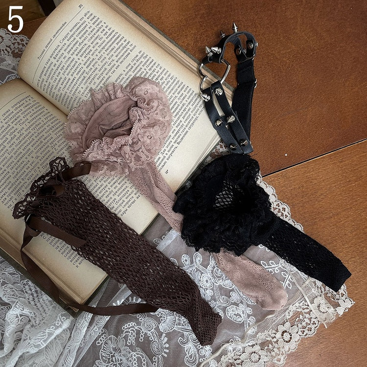 Loop Trims Khaki Studded Fishnet Leg Stockings/Black Socks/Heart-shaped Stockings/Lace Underknee