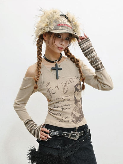Camel Cuffs Striped Asymmetrical Girl Top Long Print - Sleeve Letter Neckline Cartoon with