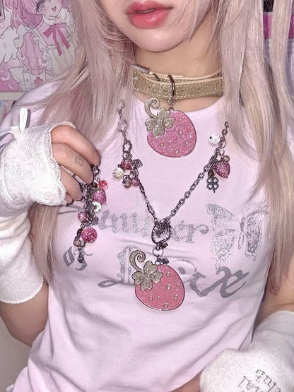 Collier avec pendentif fraise rose - Kiwi Store