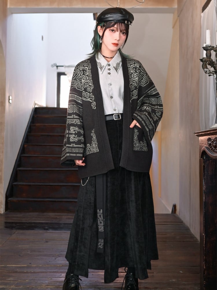 Bronze Skirt Maxi Ribbon + Patchwork Chain Detachable Iregular Hem Waist Black Cheongsam with Embroidered