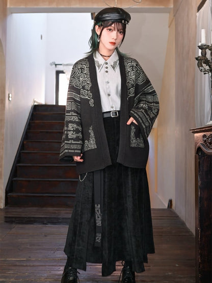 Bronze Skirt Maxi Ribbon + Patchwork Chain Detachable Iregular Hem Waist Black Cheongsam with Embroidered