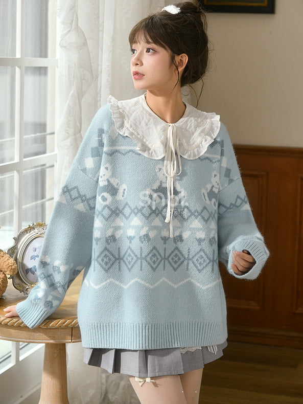 Blue Teddy Bears Pattern Round Neck Cozy Sweater