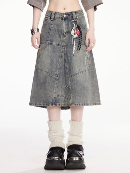 チャームフリーブルーローライズフェードウォッシュダメージデニムスカート