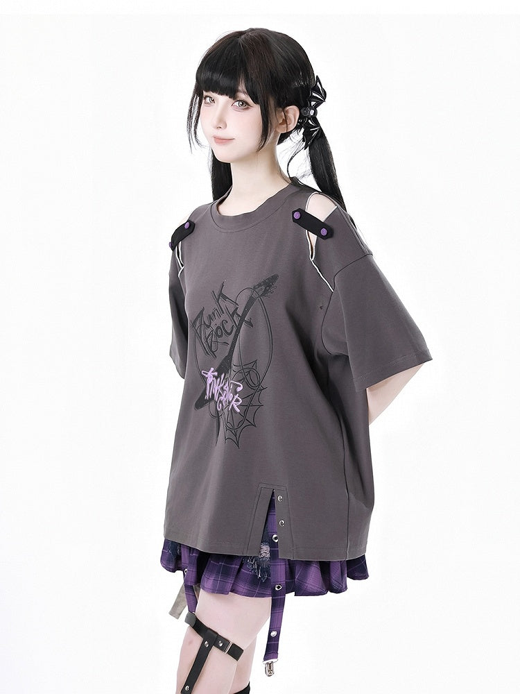Dusty Gray Cutout Shoulder Slit Hem Punk Rock Graphic T-Shirt