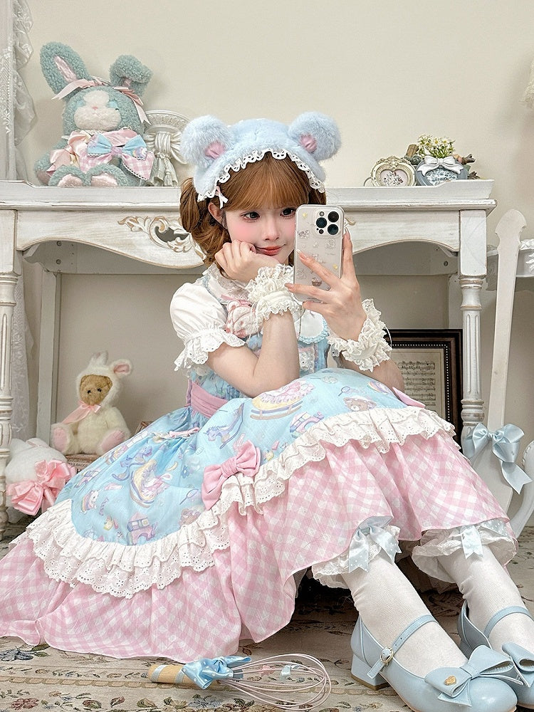 Adorable Lolita JSK Gown in Blue and Pink with Bow and Pocket Accents - Vcastle