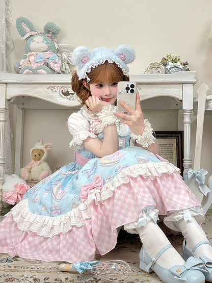 Adorable Lolita JSK Gown in Blue and Pink with Bow and Pocket Accents - Vcastle