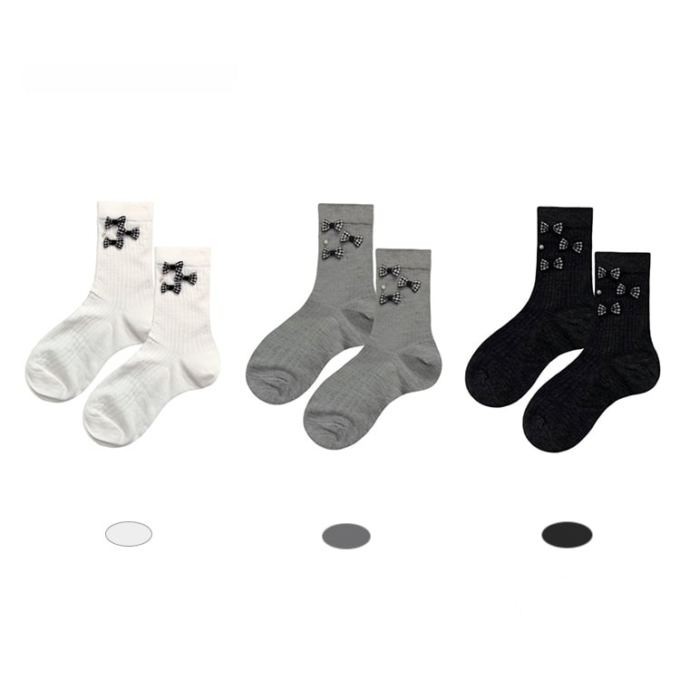 Bead Decorated Bowknot Socks and Cotton Black/White/Gray