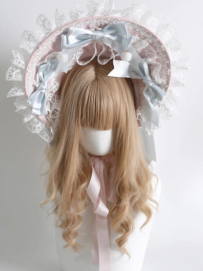 Bonnet Bow-Accented Blue Layered Base Lace Pink