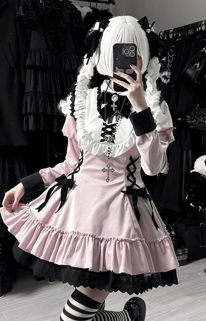 Accents Lacing Bow Lolita Juliette with and Pink Gothic Sleeves Dress
