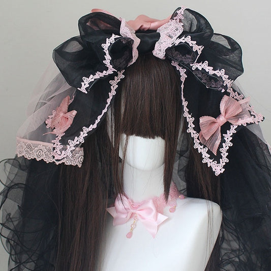 Schwarz-rosa Schleifen-Spitzenbesatz KC mit Schleier