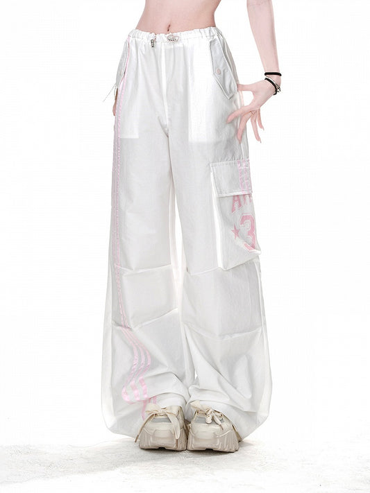 White Drawstring Waist Cargo Loose Straight-Leg Pants Pockets