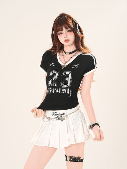 ピンク/ブルー/ブラック ブロケット コア ナンバープリント Vネック Tシャツ