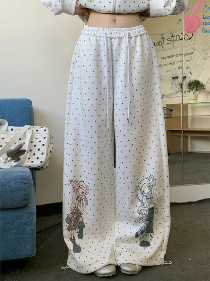 Design Pattern Polka-dot Pants Cartoon Girl Wide-leg White with Pull-on