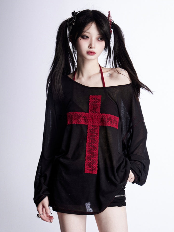 with Lace Cross  Red Asymmetrical Neckline Black Sun Protection Coverup
