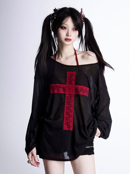 with Lace Cross  Red Asymmetrical Neckline Black Sun Protection Coverup