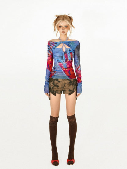 Red Blue Halter Neck Long Sleeve Top with Cut-Outs