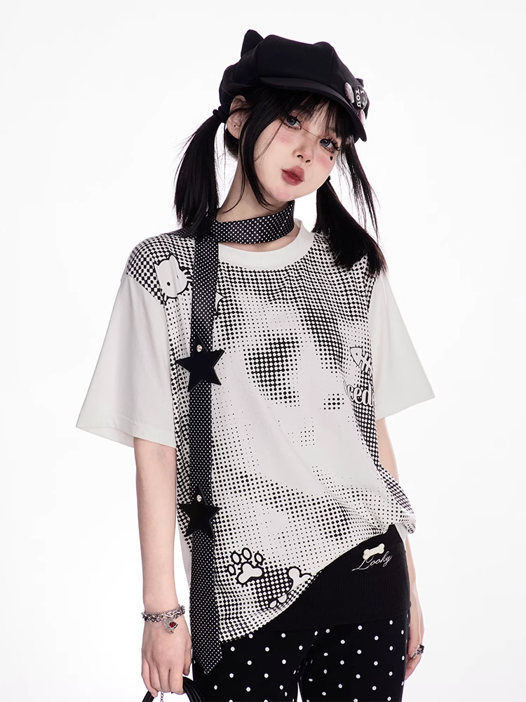 ドットTシャツ 愛らしい漫画プリント ホワイト ラウンドネック ポルカ