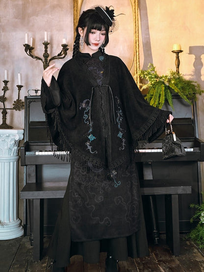 Y-Placket Embroidery Five-Poison Gothic Cape Black with Fringe Hem