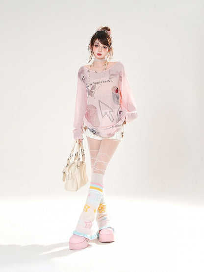 Erdbeerdruck Asymmetrischer Ausschnitt Weiß/Pink