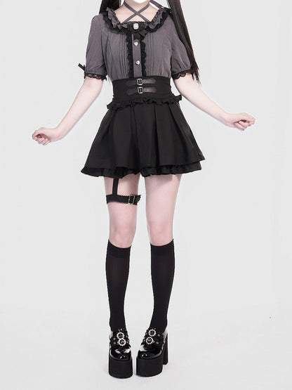 Garter Black Detail Tiered Buckle Strap Skirt Jirai Box Double with Pleat Kei