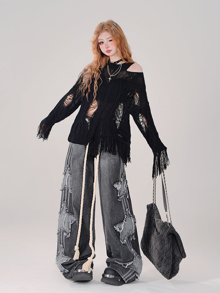 Black Knit Distressed Asymmetrical Top Design Lightweight -