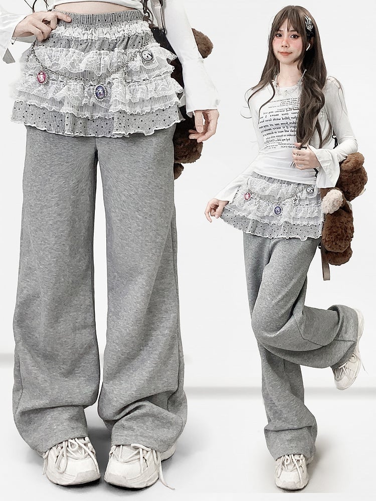 ドット柄パンツトリムY2K+レーススカートティアードカットビタースイート柄グレーワイドレッグ