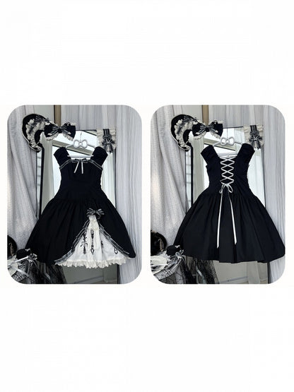 Side Ruffle Halter Lolita OP Dress in Gothic Black with Cutlery Embroidery - Vivian's Diary