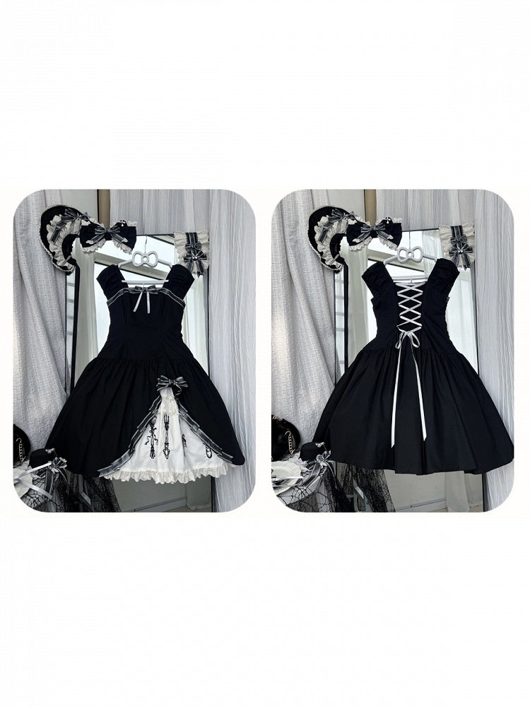 Side Ruffle Halter Lolita OP Dress in Gothic Black with Cutlery Embroidery - Vivian's Diary