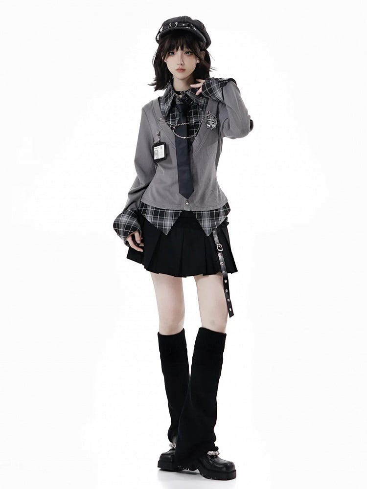 Academic Edgy Shirt Vibes Plaid Two-Piece Effortless Faux Gray –