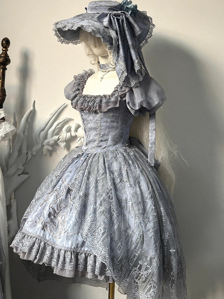 Gray Dragon Bone Embroidery High-low Skirt Dress Gothic Lolita OP with Cathedral Embroidery Overlay
