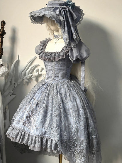 Gray Dragon Bone Embroidery High-low Skirt Dress Gothic Lolita OP with Cathedral Embroidery Overlay