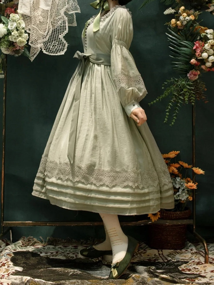 Green Square Neck Classic Lolita Long Sleeve OP