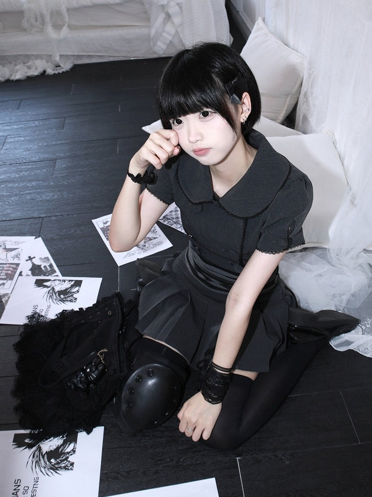 Gray Peter Pan Collar Double Breasted Cropped Top - HBreaker