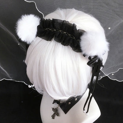Nœud papillon pompon noir et blanc en dentelle avec garniture KC