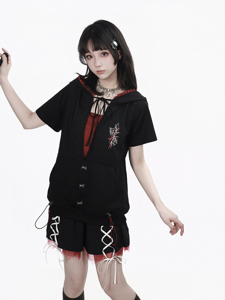 Sporty Kawaii Black & Red Mini Skirt with Lace-Up Details - PINK SAVIOR