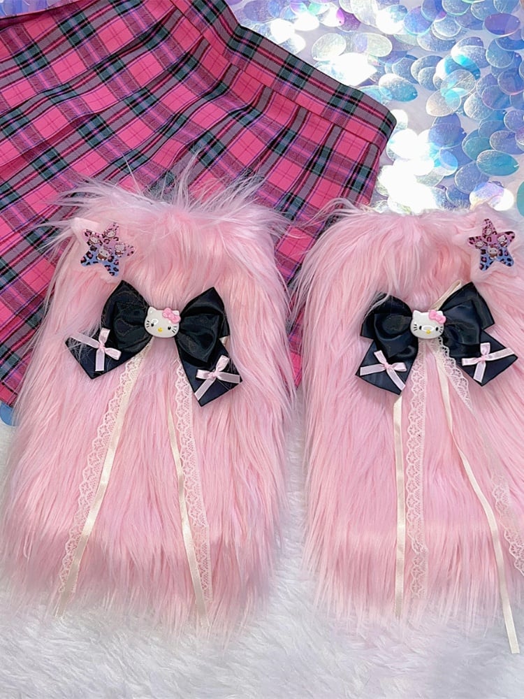 ピンク/ブラック Y2K スター＆キティ リボン結び シャギー レッグウォーマー