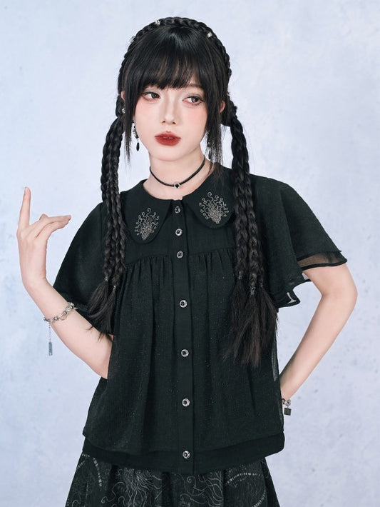 Dark Peter Pan Collar Short Sleeve Blouse with Floral Embroidery - Quirky Hut