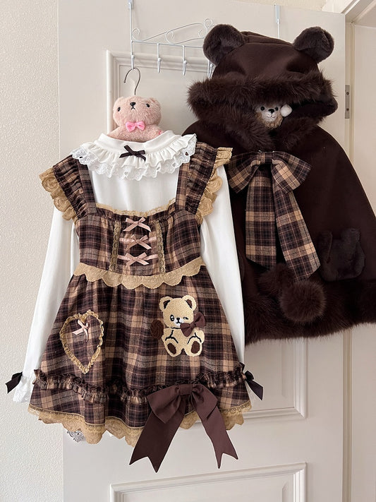 Sleeves Kawaii Soft Brown Plaid Dress Flutter with