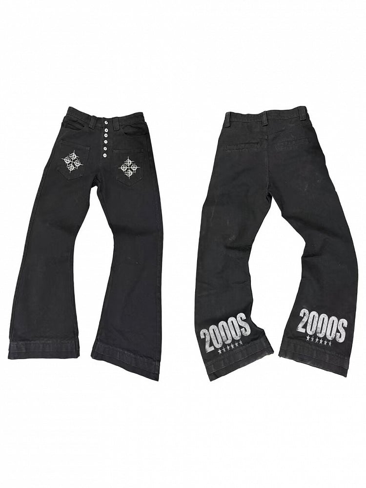 Black Cross Letter Print Curved Leg Canvas Punk Pants - DETW OnLine