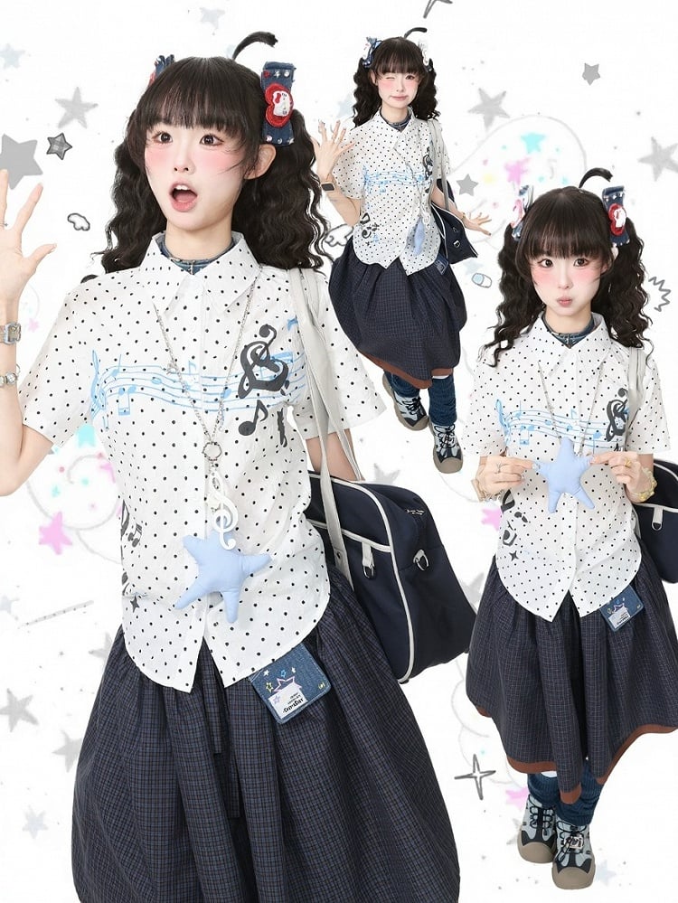 White Short Sleeve Shirt with Musical Note Print - Languid Park