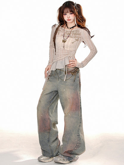 Black/Apricot Drawstring Waist Slim Fit Top with Asymmetrical Ruffle Hem