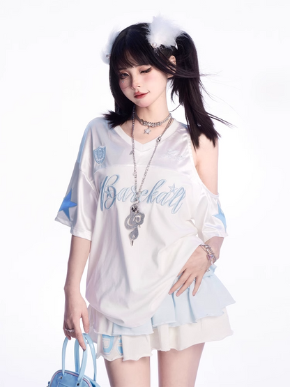 T-shirt Weiß V-ausschnitt Ausschnitt Schulter Brief Stickerei Lose