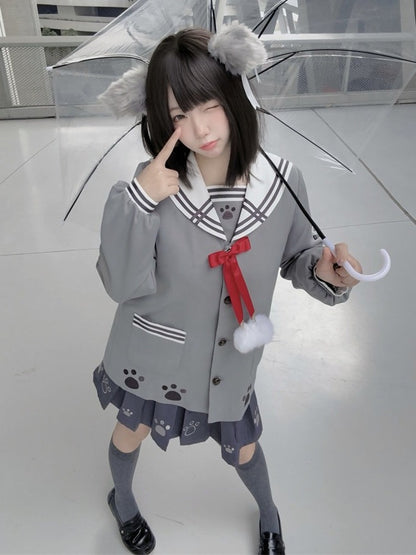 Gray Sailor Collar Top with Wolf Ears and Pom Poms - To Alice