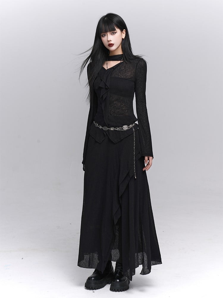 with V-Neck Ruffles Gothic Neck Cascading Black Attached Top