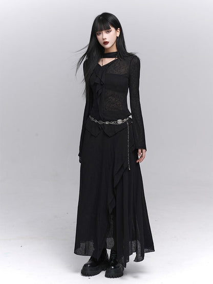 with V-Neck Ruffles Gothic Neck Cascading Black Attached Top